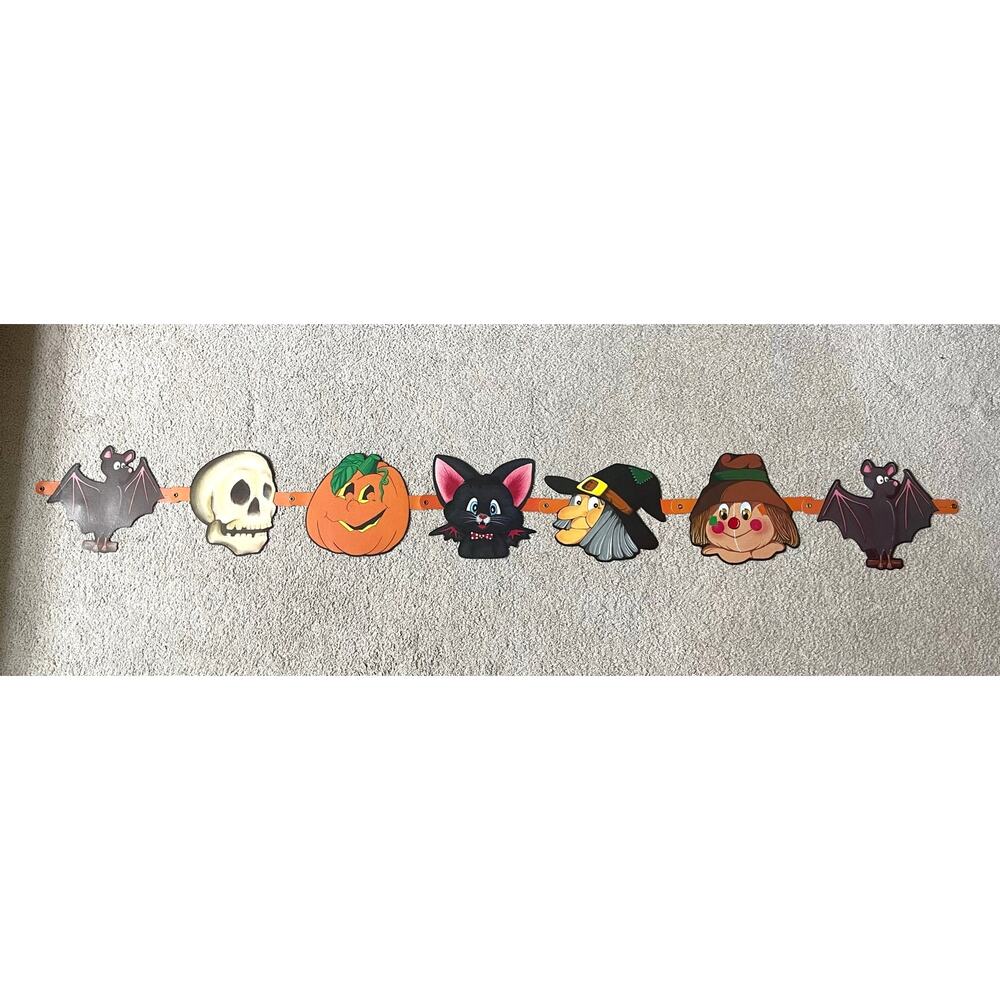 Vintage Halloween Die Cut Banner 60" Bats Pumpkin Witch Cat Scarecrow Skeleton